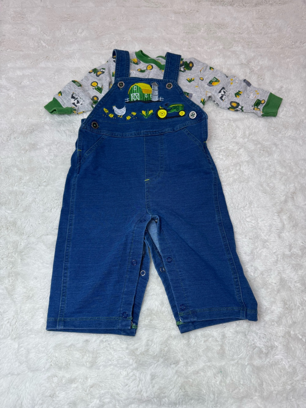 John Deere Tractor Applique Baby Overalls with Green Farm-Print Shirt